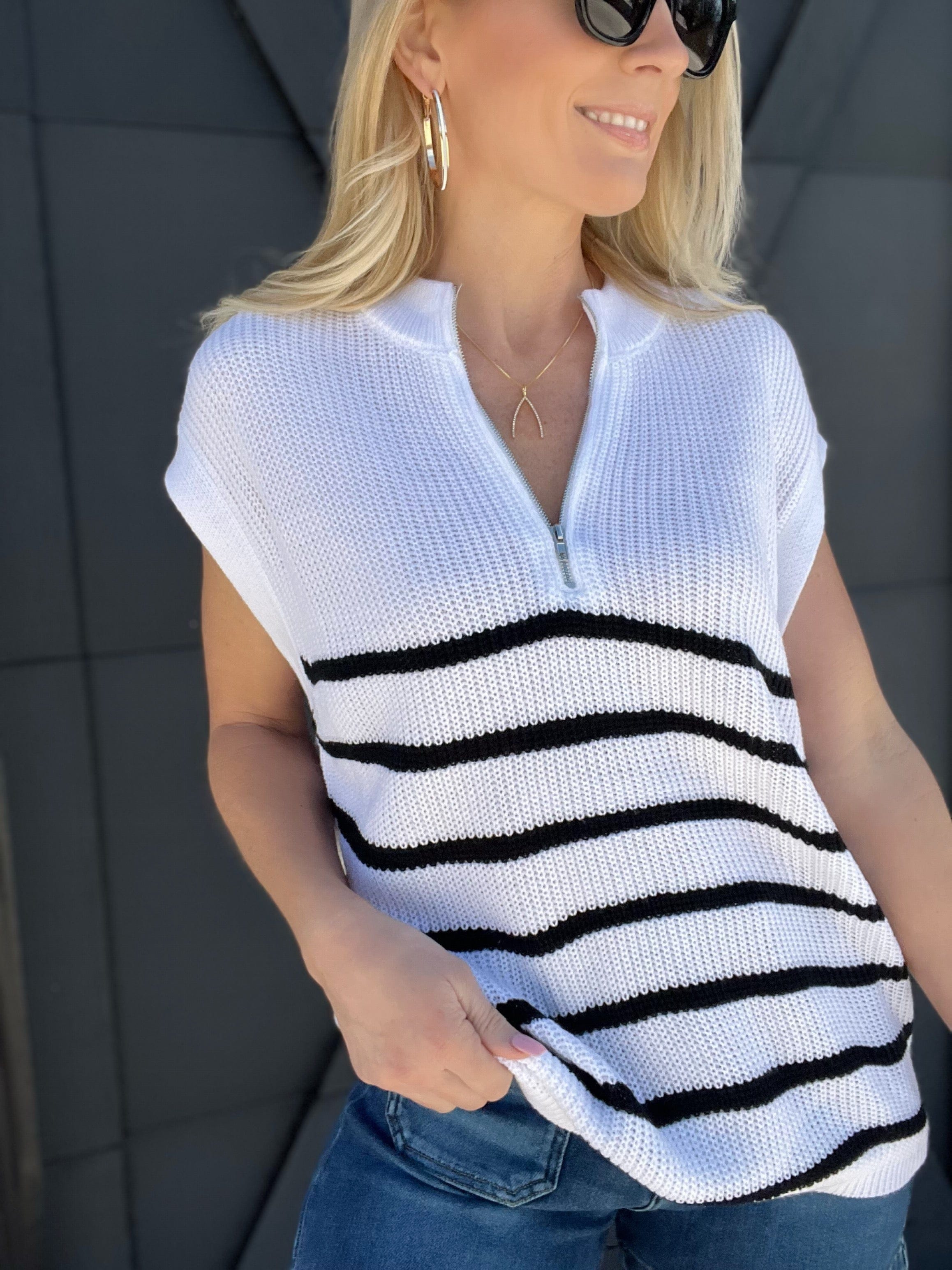 Stripe Half Zip Sweater In White - Infinity Raine