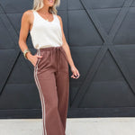 Side Lace Trim Cotton Denim Wide Leg Pull On Pants In Brown - Infinity Raine