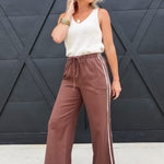 Side Lace Trim Cotton Denim Wide Leg Pull On Pants In Brown - Infinity Raine
