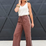 Side Lace Trim Cotton Denim Wide Leg Pull On Pants In Brown - Infinity Raine
