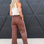 Side Lace Trim Cotton Denim Wide Leg Pull On Pants In Brown - Infinity Raine