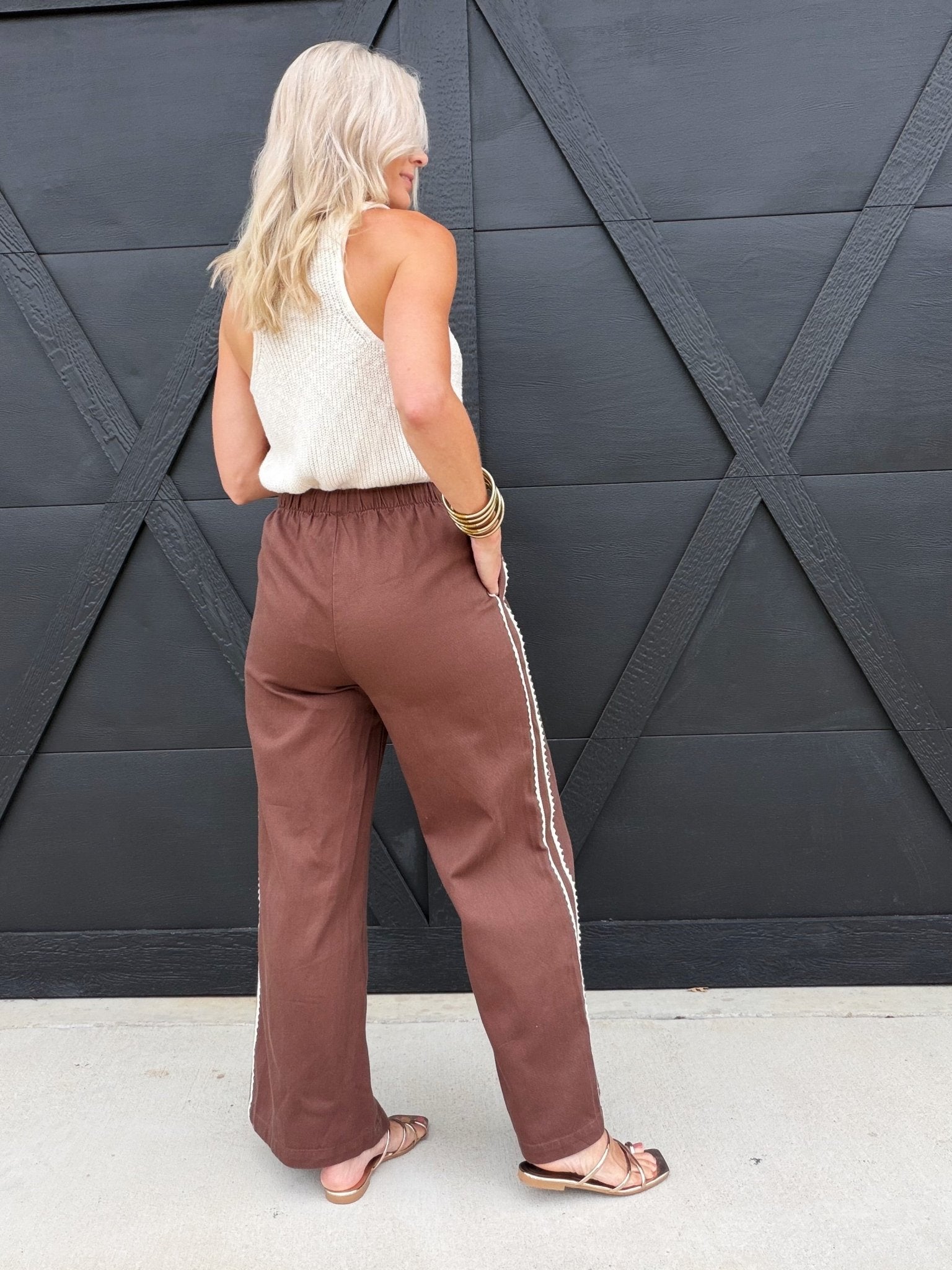 Side Lace Trim Cotton Denim Wide Leg Pull On Pants In Brown - Infinity Raine