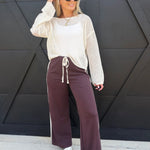 Side Lace Trim Cotton Wide Leg Pull On Pants In Brown - Infinity Raine