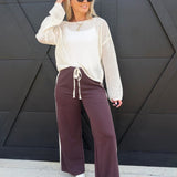 Side Lace Trim Cotton Wide Leg Pull On Pants In Brown - Infinity Raine