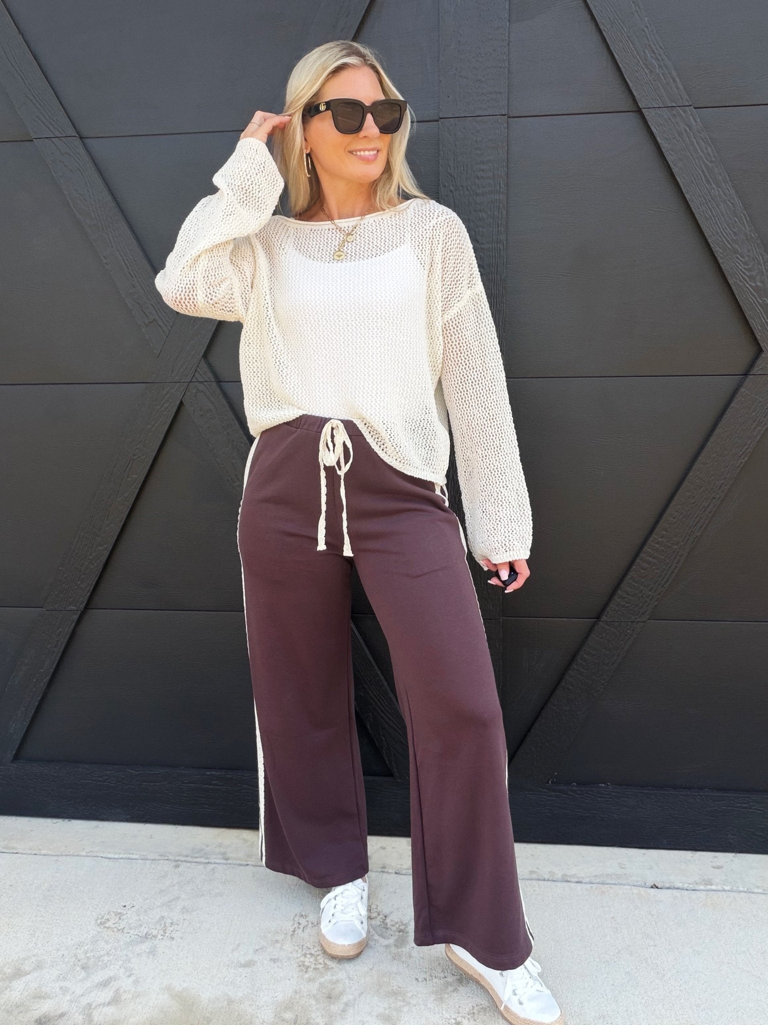 Side Lace Trim Cotton Wide Leg Pull On Pants In Brown - Infinity Raine