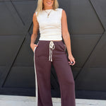 Side Lace Trim Cotton Wide Leg Pull On Pants In Brown - Infinity Raine