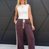 Side Lace Trim Cotton Wide Leg Pull On Pants In Brown - Infinity Raine