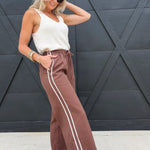 Side Lace Trim Cotton Denim Wide Leg Pull On Pants In Brown - Infinity Raine