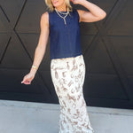 Silky Satin Western Print Midi Skirt In Cream - Infinity Raine