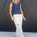 Silky Satin Western Print Midi Skirt In Cream - Infinity Raine