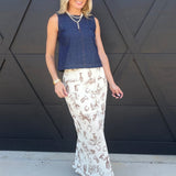 Silky Satin Western Print Midi Skirt In Cream - Infinity Raine