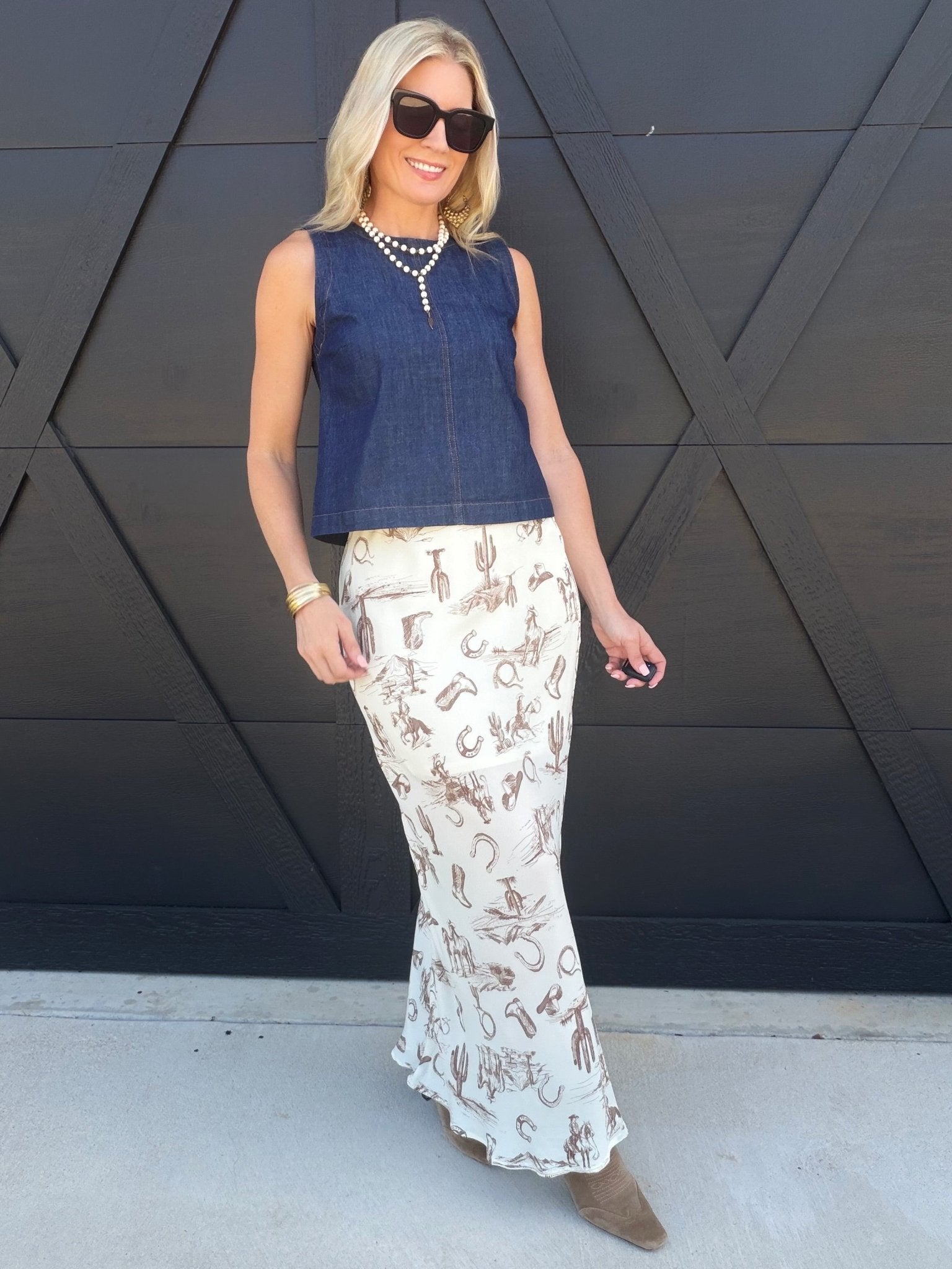 Silky Satin Western Print Midi Skirt In Cream - Infinity Raine