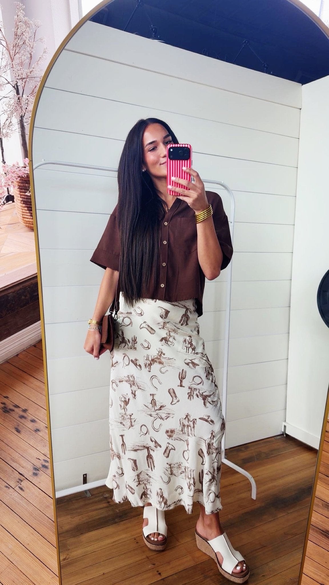 Silky Satin Western Print Midi Skirt In Cream - Infinity Raine