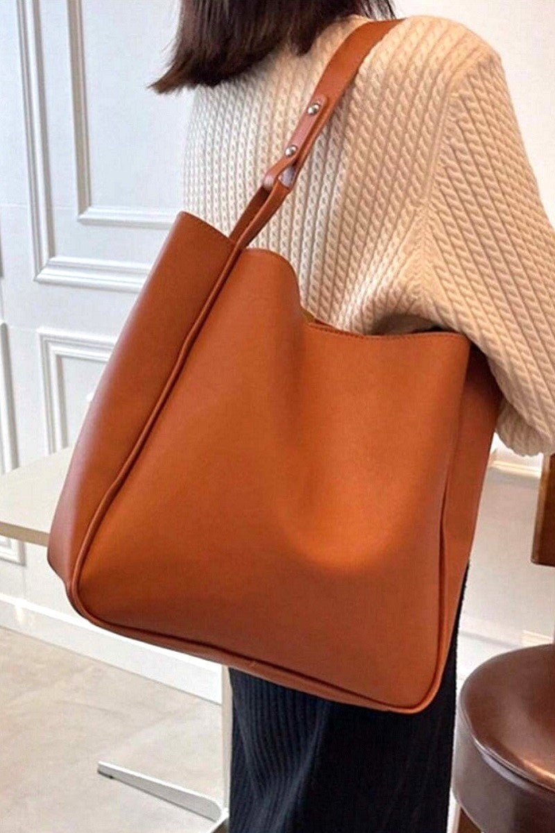 Simple Trendy Vegan Leather Shoulder Pouch Bag In Camel - Infinity Raine