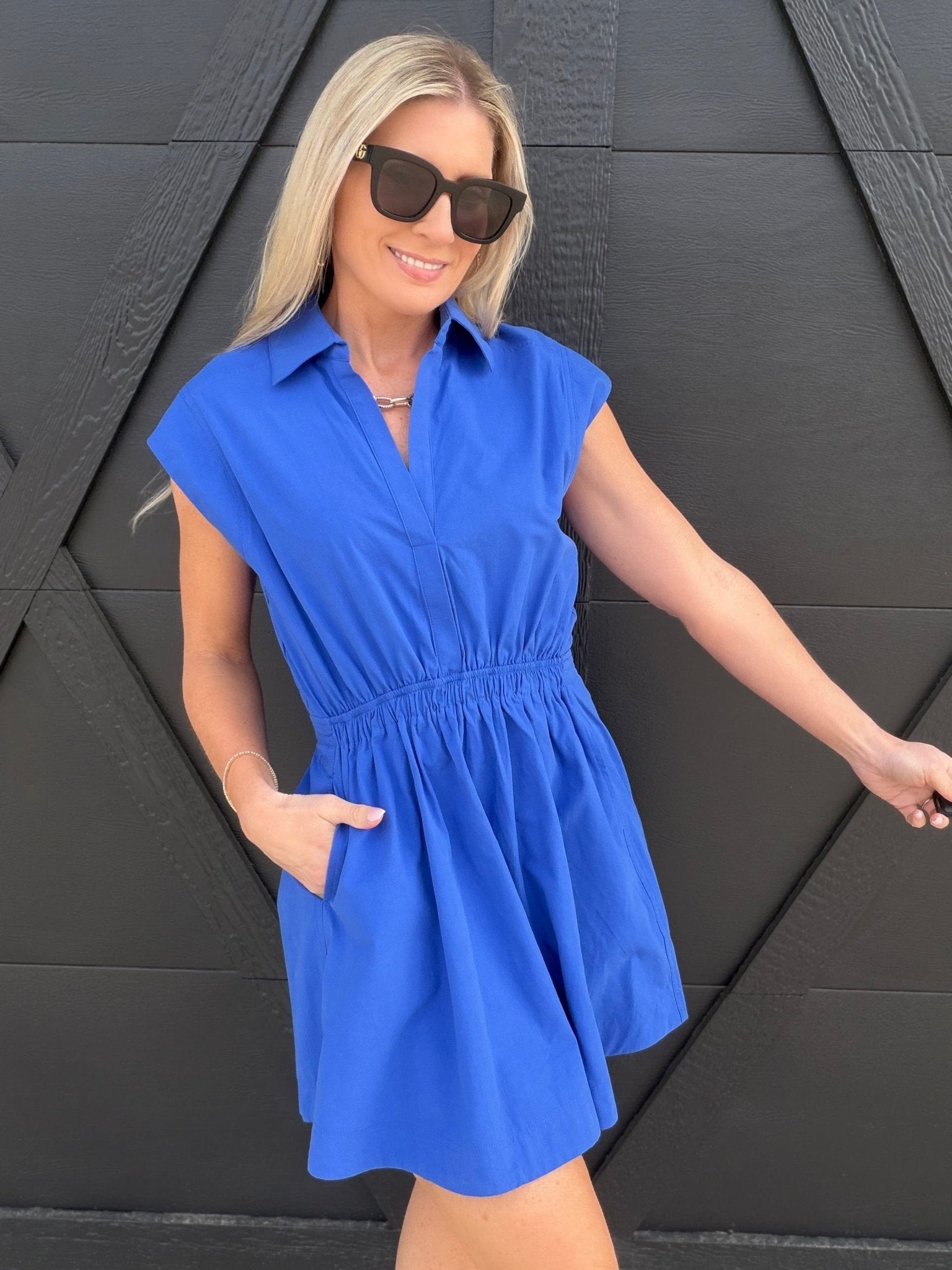 Sleeveless Collared Shirred Mini Dress In Cobalt - Infinity Raine