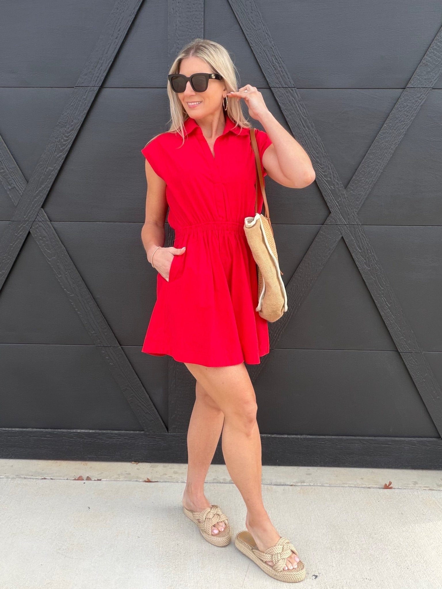 Sleeveless Collared Shirred Mini Dress In Red – Infinity Raine