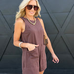Sleeveless Patch Pocket Romper In Dark Brown - Infinity Raine