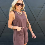 Sleeveless Patch Pocket Romper In Dark Brown - Infinity Raine