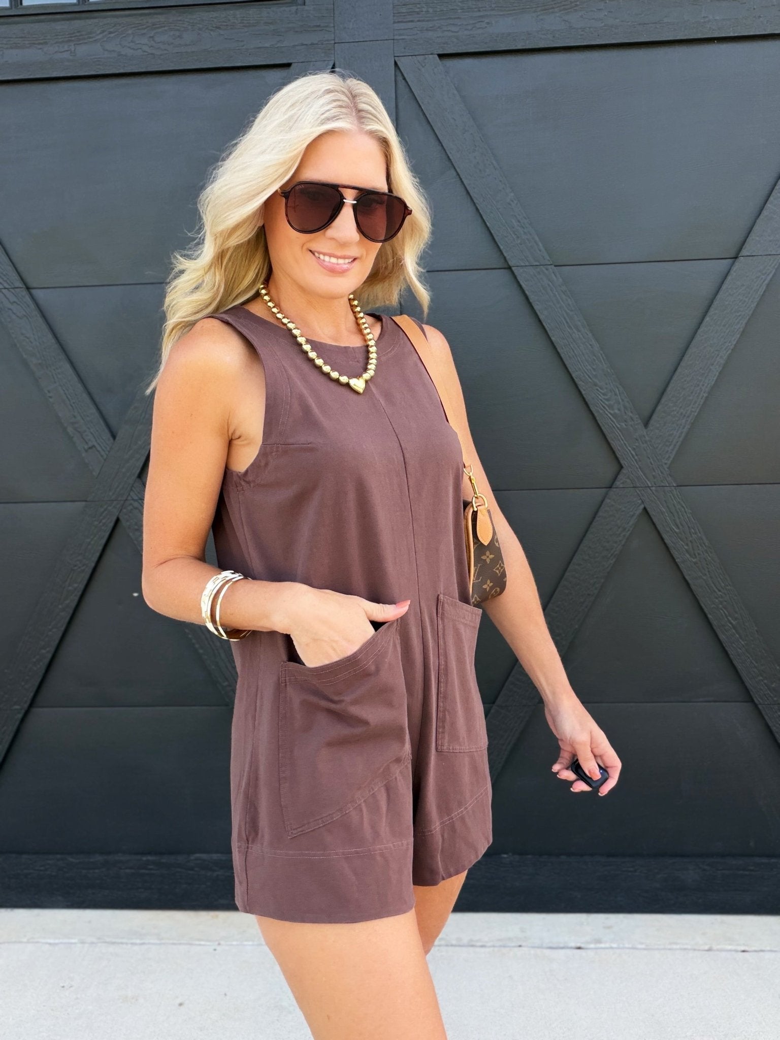 Sleeveless Patch Pocket Romper In Dark Brown - Infinity Raine