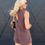 Sleeveless Patch Pocket Romper In Dark Brown - Infinity Raine