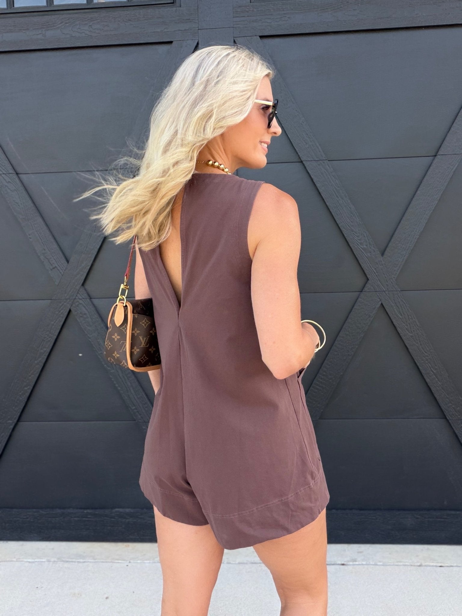 Sleeveless Patch Pocket Romper In Dark Brown - Infinity Raine