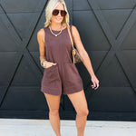 Sleeveless Patch Pocket Romper In Dark Brown - Infinity Raine