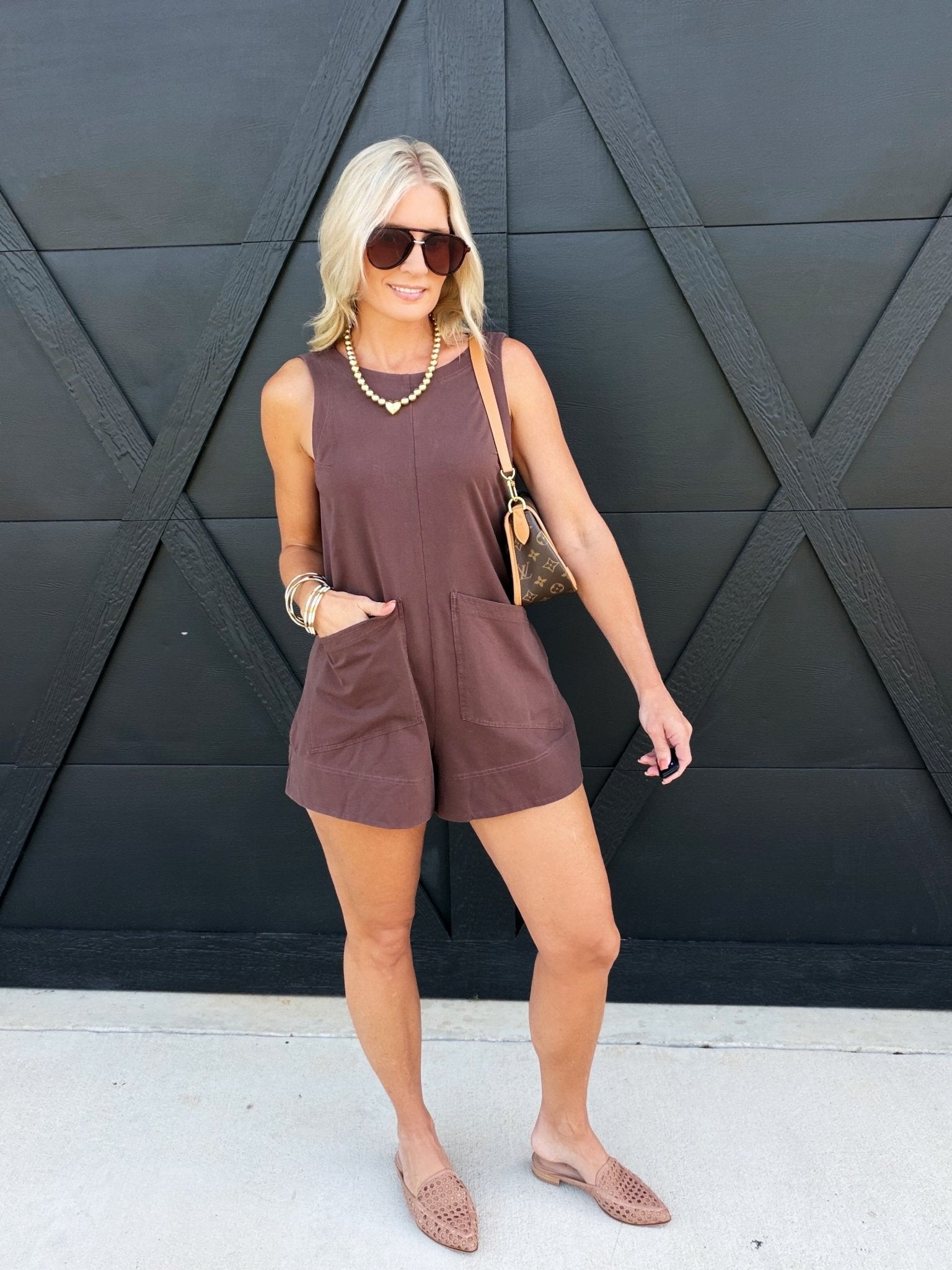 Sleeveless Patch Pocket Romper In Dark Brown - Infinity Raine