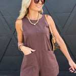 Sleeveless Patch Pocket Romper In Dark Brown - Infinity Raine
