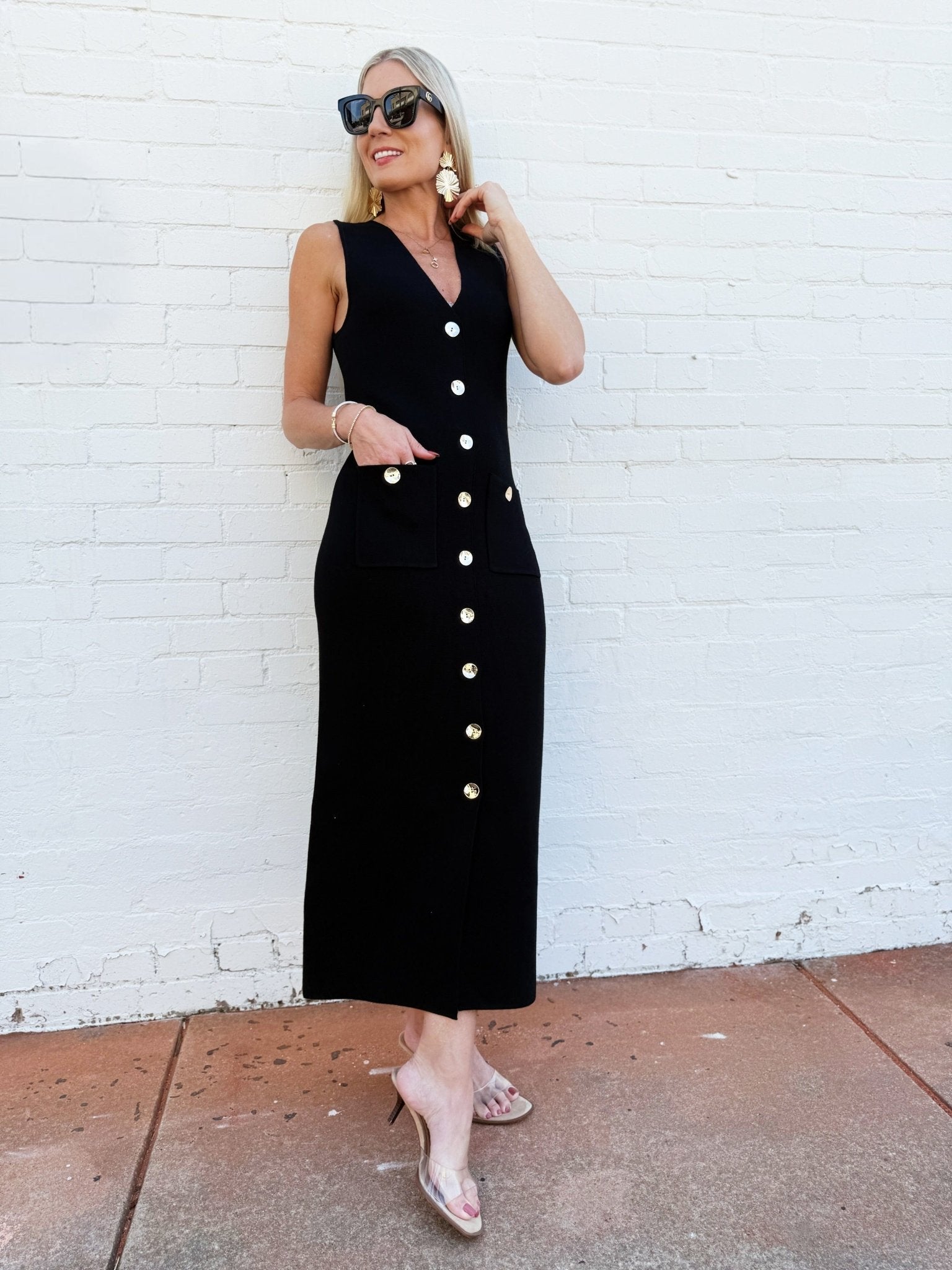 Sleeveless Sweater Button Down Maxi Dress In Black L