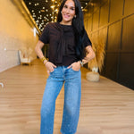 Slouchy Crop Barrel Embroidered Hearts Stretchy Jeans - Infinity Raine