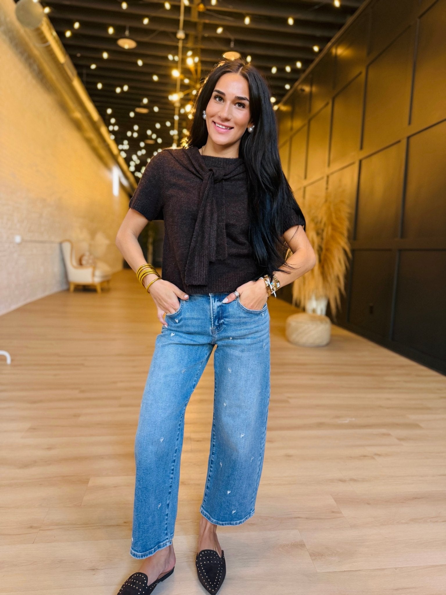 Slouchy Crop Barrel Embroidered Hearts Stretchy Jeans - Infinity Raine