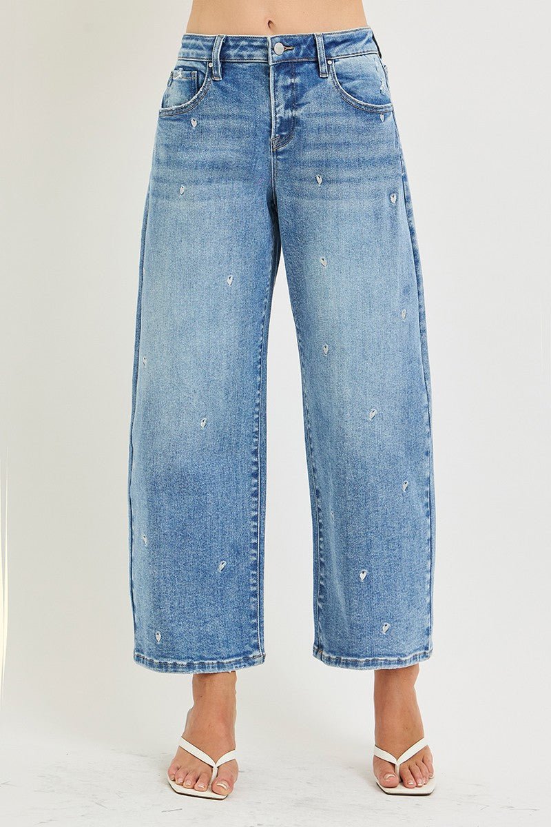 Slouchy Crop Barrel Embroidered Hearts Stretchy Jeans - Infinity Raine