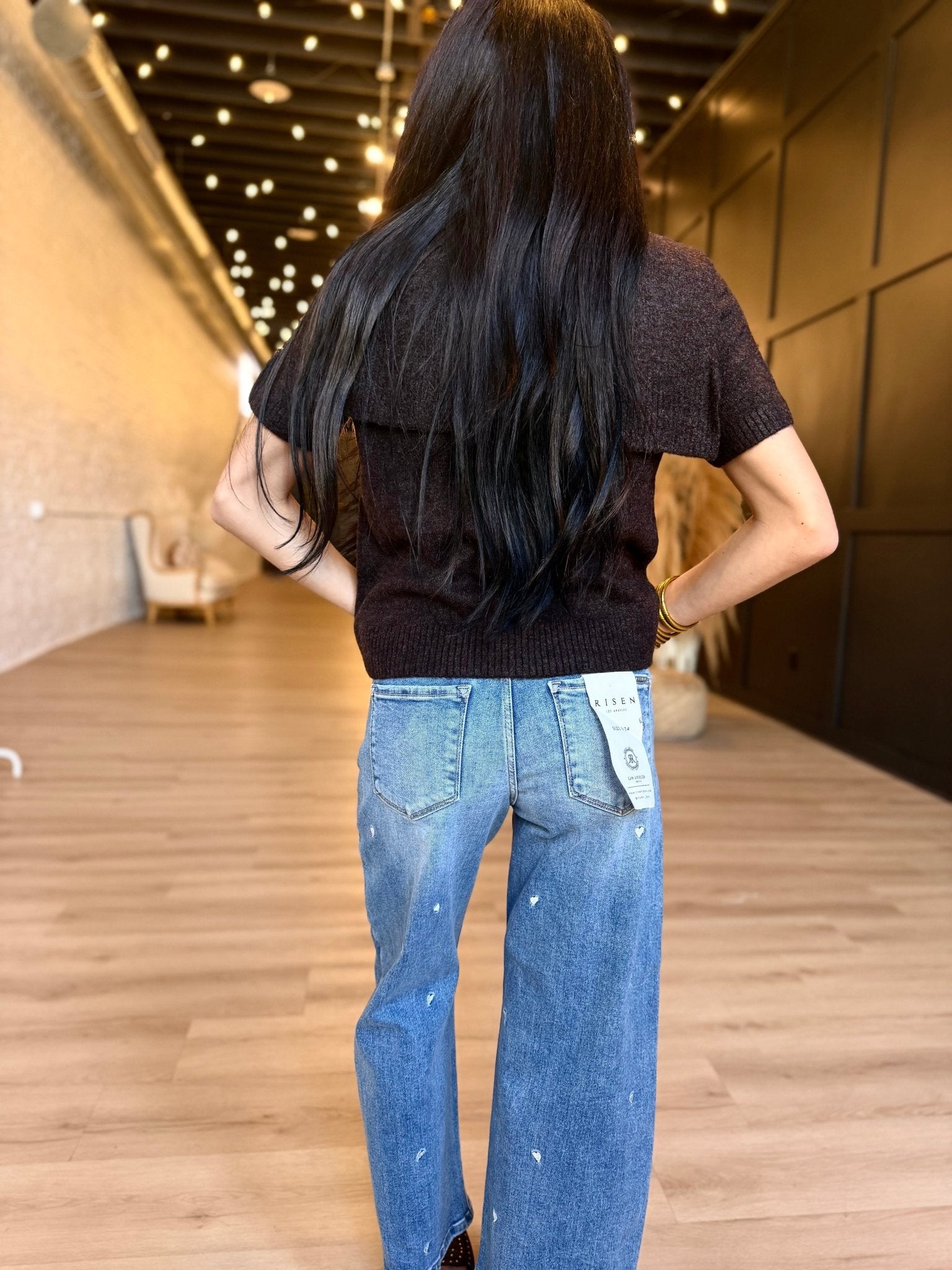 Slouchy Crop Barrel Embroidered Hearts Stretchy Jeans - Infinity Raine