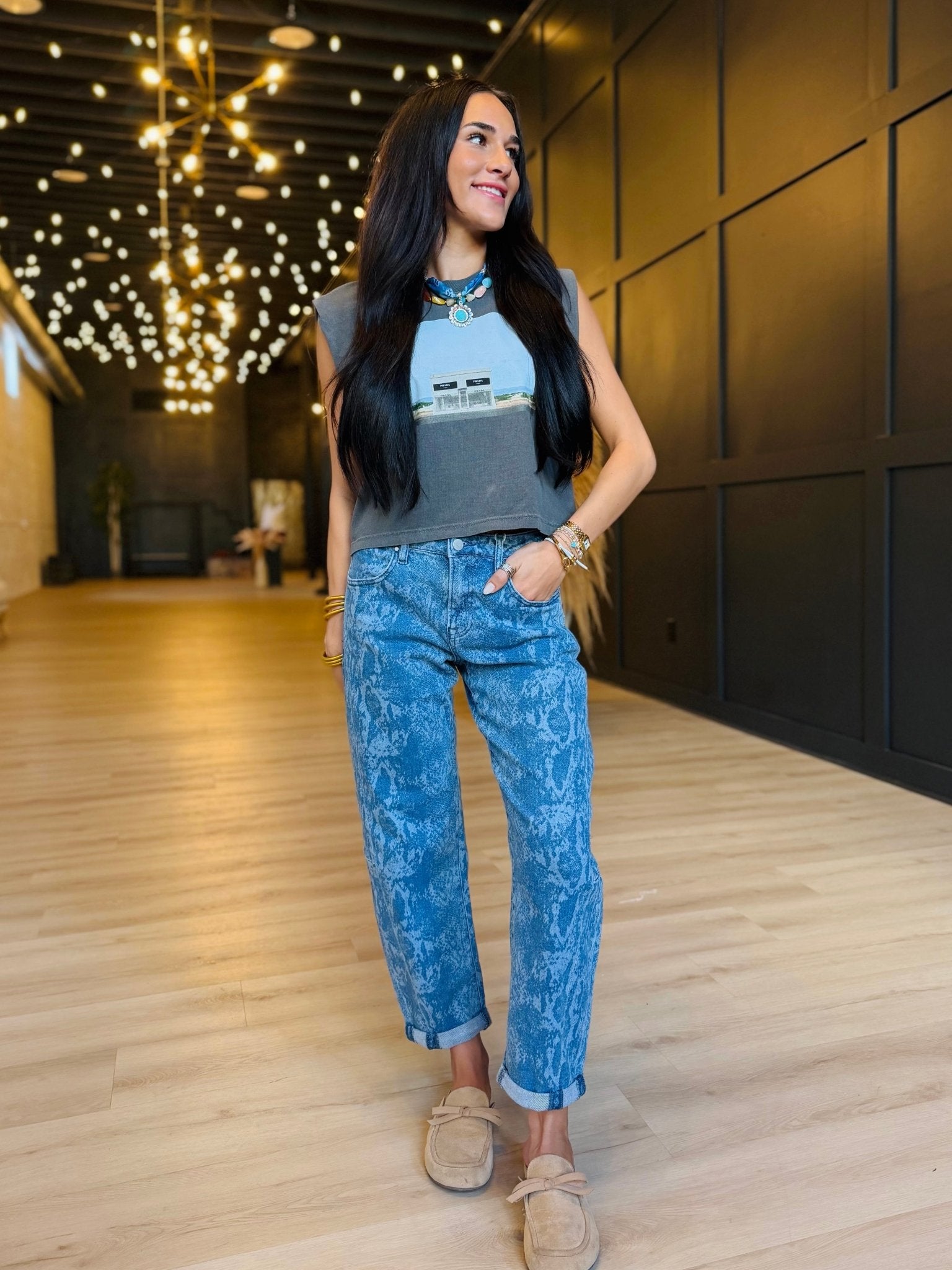 Slouchy Crop Barrel Python Print Roll-Up Cuffed Jeans - Infinity Raine