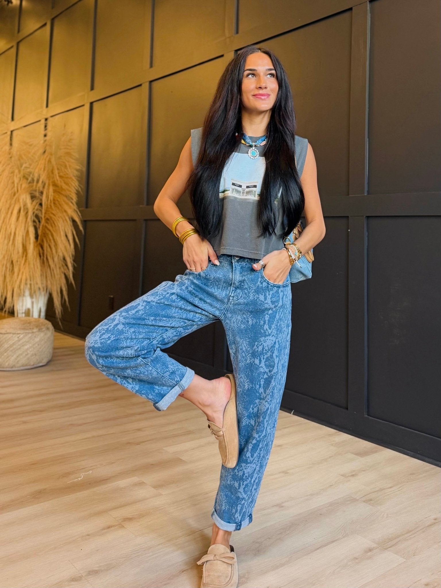 Slouchy Crop Barrel Python Print Roll-Up Cuffed Jeans - Infinity Raine