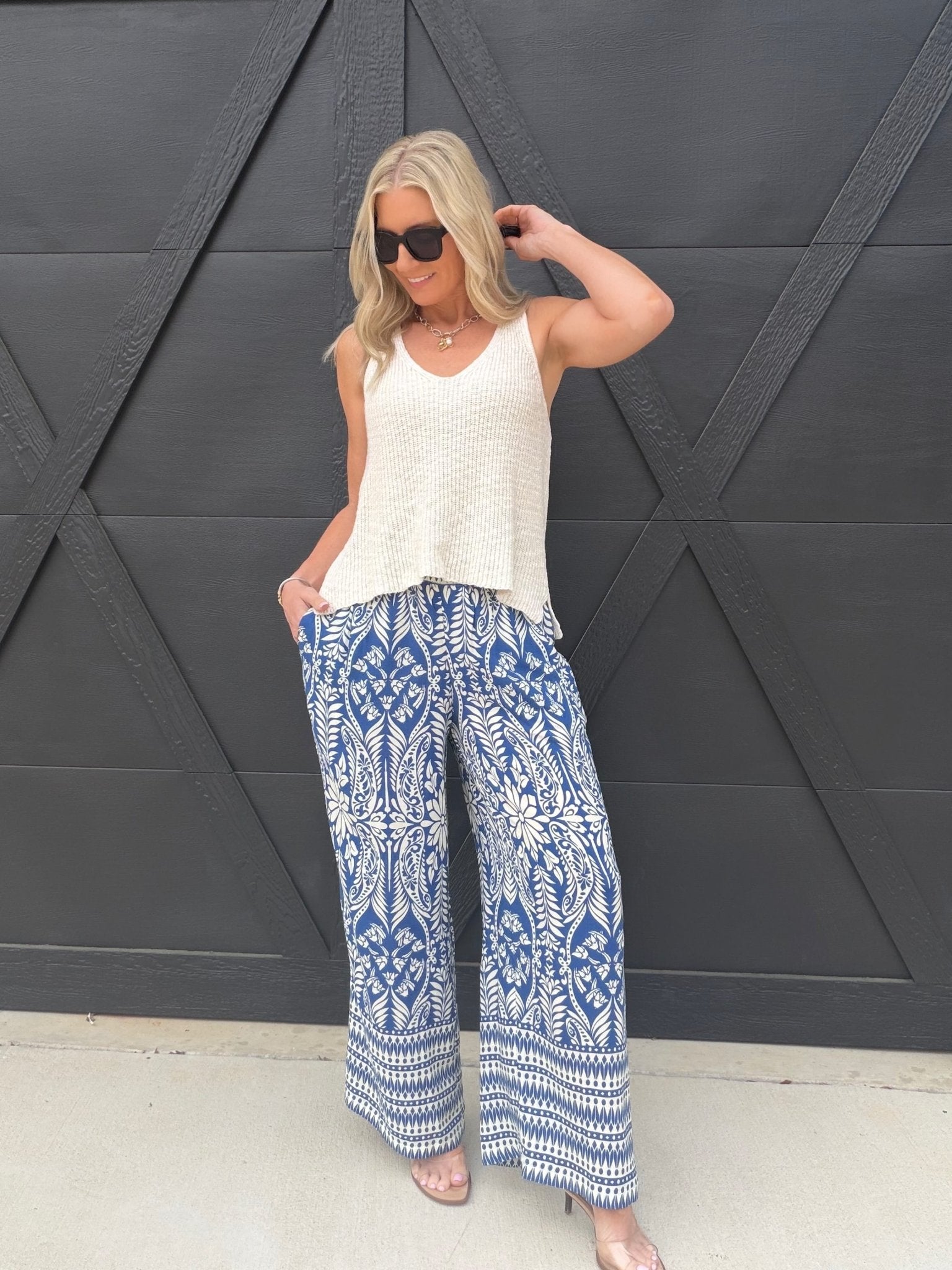 Smocked Waist Floral Pants In Blue - Infinity Raine