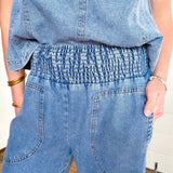 Smocked Waist Pocket Detail Denim Pants In Denim - Infinity Raine