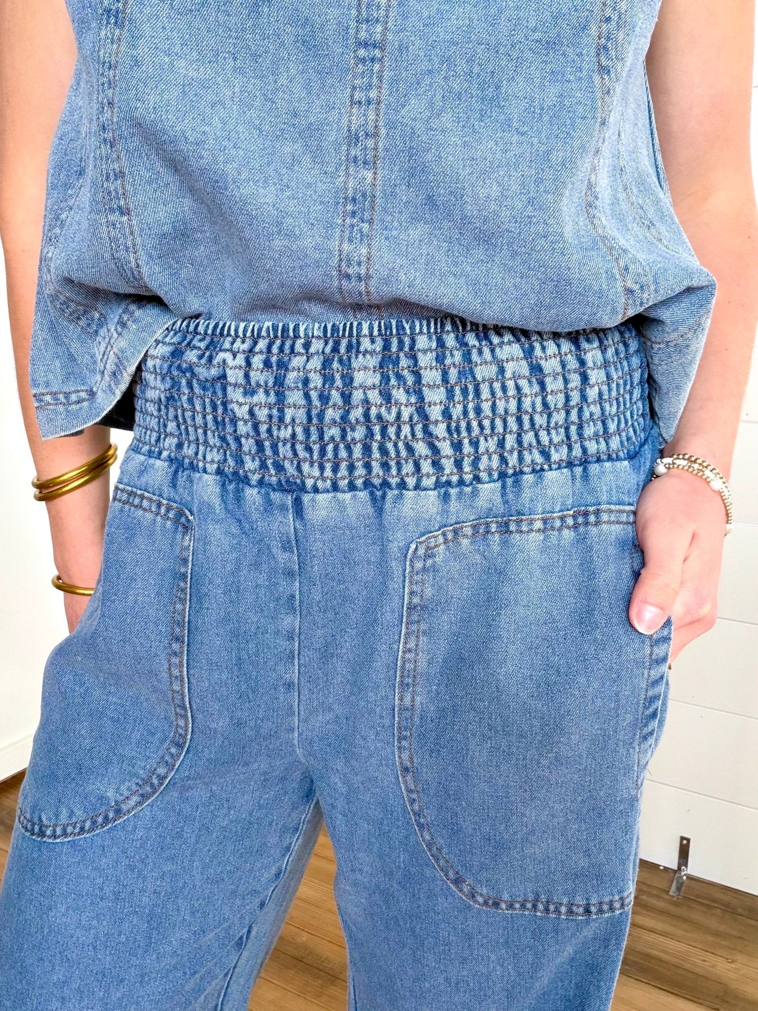 Smocked Waist Pocket Detail Denim Pants In Denim - Infinity Raine