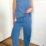 Smocked Waist Pocket Detail Denim Pants In Denim - Infinity Raine