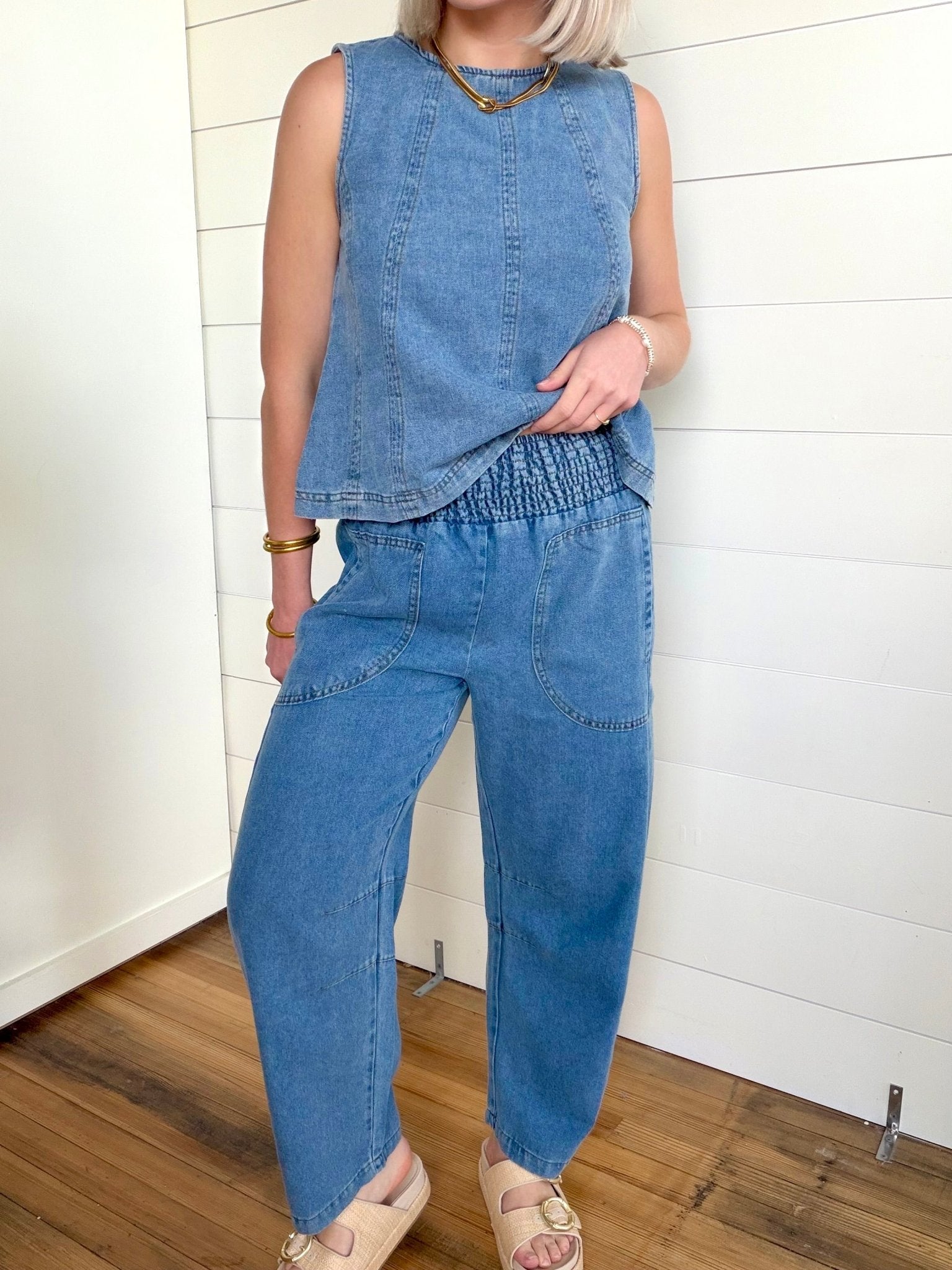 Smocked Waist Pocket Detail Denim Pants In Denim - Infinity Raine