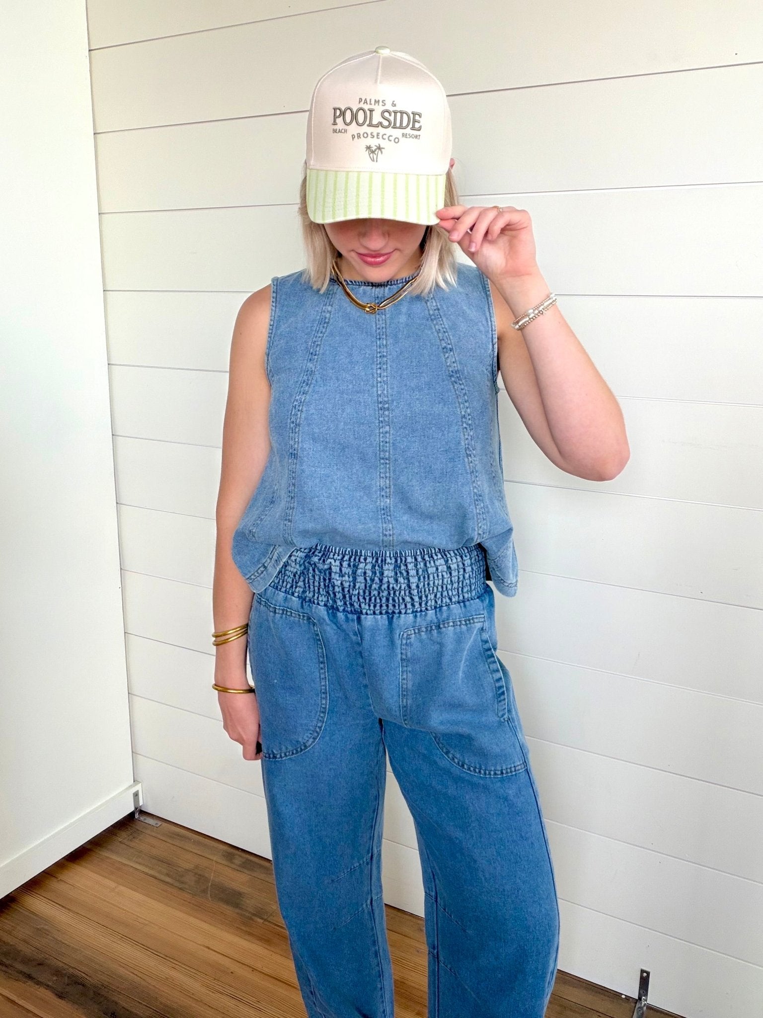 Smocked Waist Pocket Detail Denim Pants In Denim - Infinity Raine
