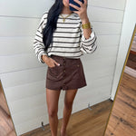 Snap Front Suede Mini Skirt In Dark Brown - Infinity Raine