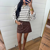 Snap Front Suede Mini Skirt In Dark Brown - Infinity Raine