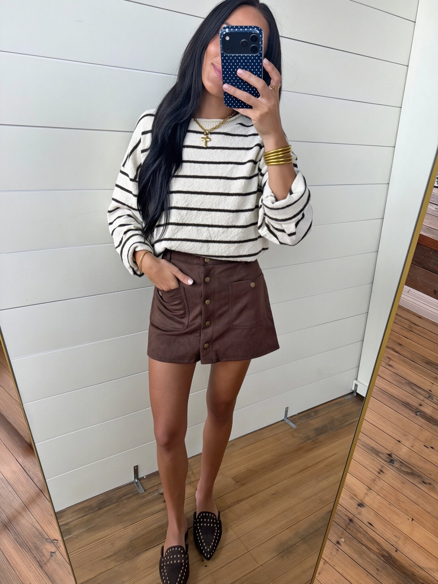 Snap Front Suede Mini Skirt In Dark Brown - Infinity Raine