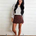 Snap Front Suede Mini Skirt In Dark Brown - Infinity Raine
