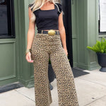 Leopard Twill Denim Frayed Hem Pants - Infinity Raine