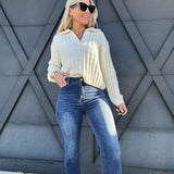 Straight Leg Mid Rise Jeans With Roll Up Hem In Dark - Infinity Raine