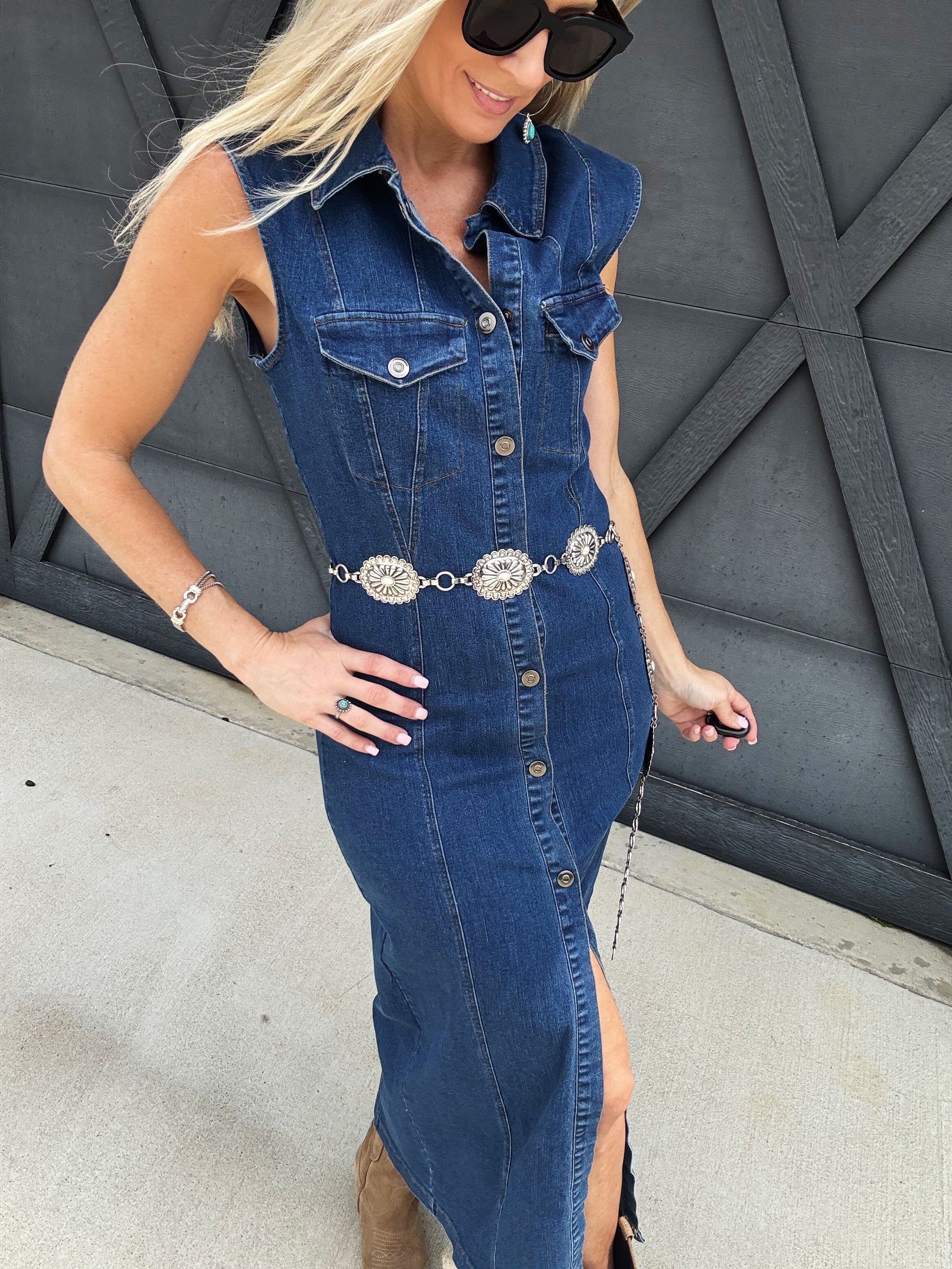 So Me Dresses Button Front Denim Maxi In Dark
