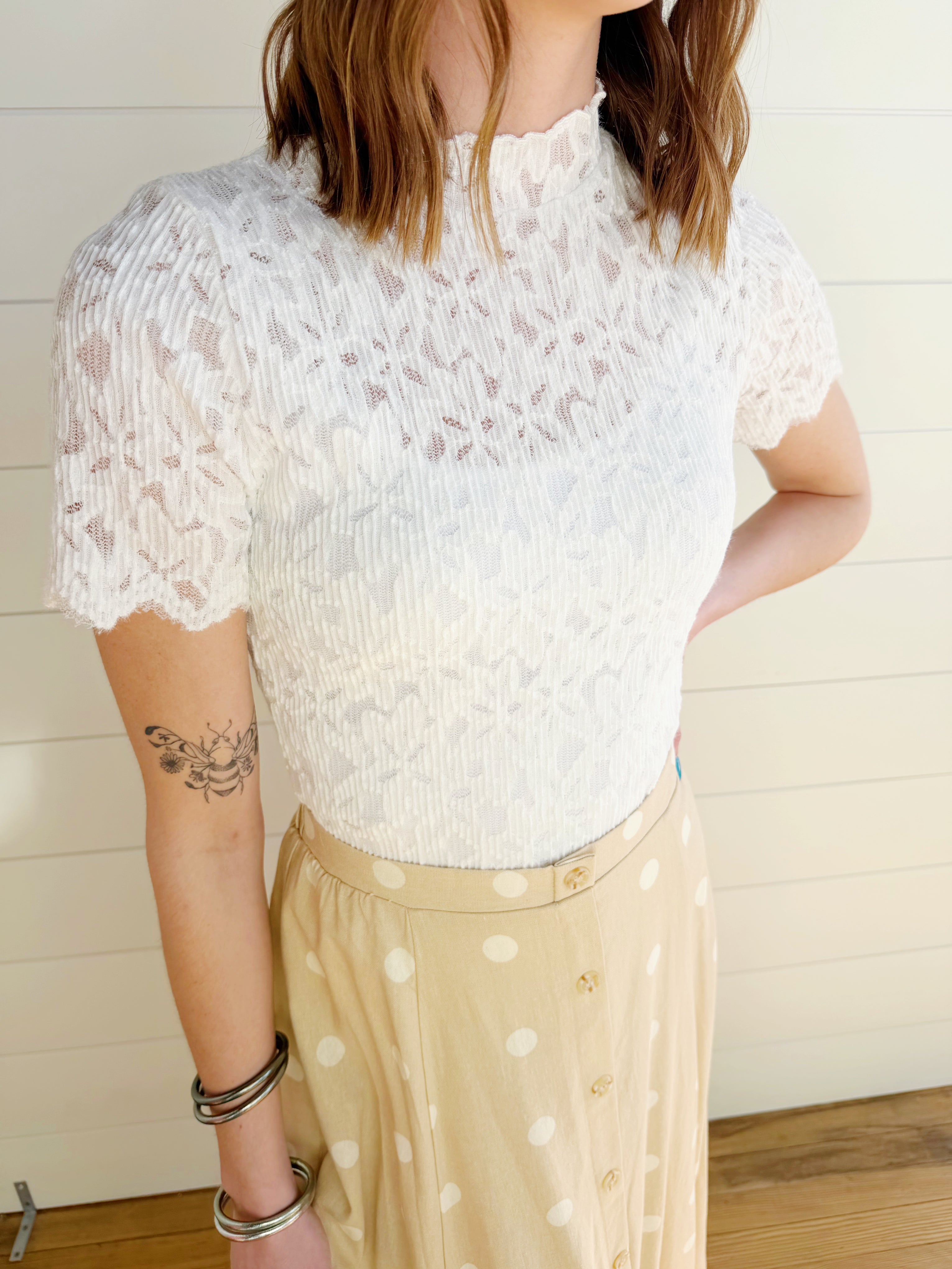 So Me Tops - Blouses Floral Lace Short Sleeve Layering Top In White