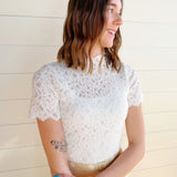 So Me Tops - Blouses Floral Lace Short Sleeve Layering Top In White